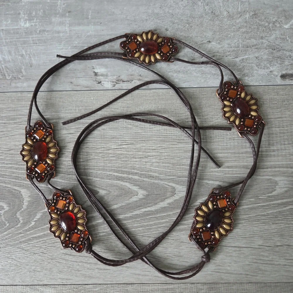 Boho Amber Stone Medallion Tie Belt Brown Faux Leather Western Festival Waist 28